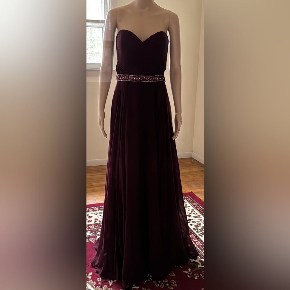 Plum Ruched Floor Length Dress With Beading